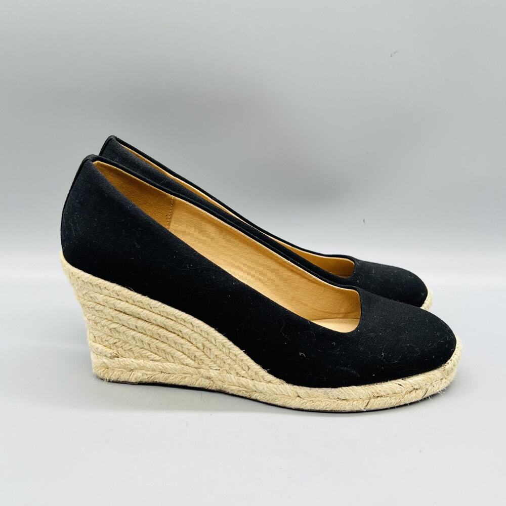 J Crew Shoes Womens 7.5 Black Cotton Espadrille Wedge Heels Round Toe Slip On
